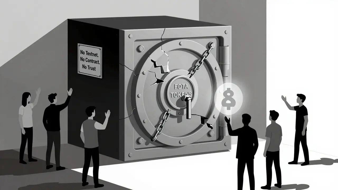 Coffre verrouillé FOTA avec des chaînes brisées, joueurs tendant les mains vers une récompense invisible.