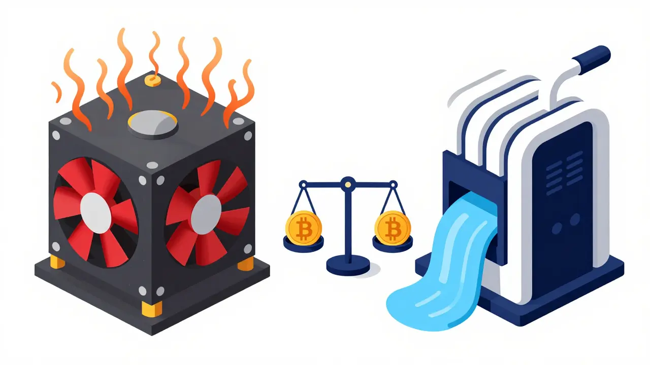 Comparaison entre minage à air et à eau, avec des formes géométriques et une balance de bitcoins.