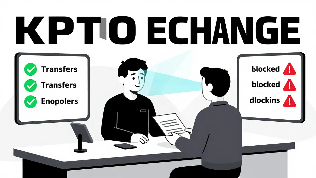 Comptoir d'échange crypto avec un kiosk AI vérifiant l'identité et des flux de transactions géométriques.