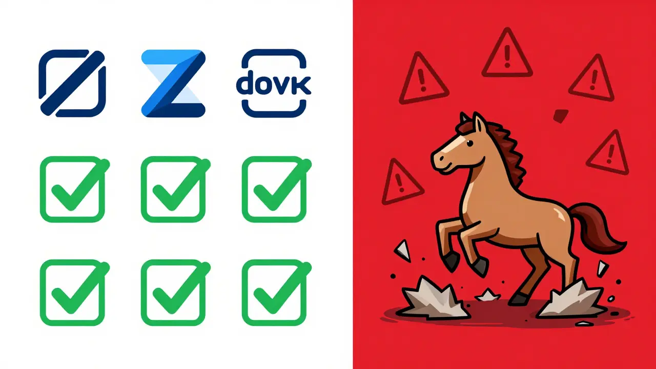 Contraste entre un airdrop légitime (vert, structuré) et un frauduleux (rouge, détruit), style Bauhaus géométrique.