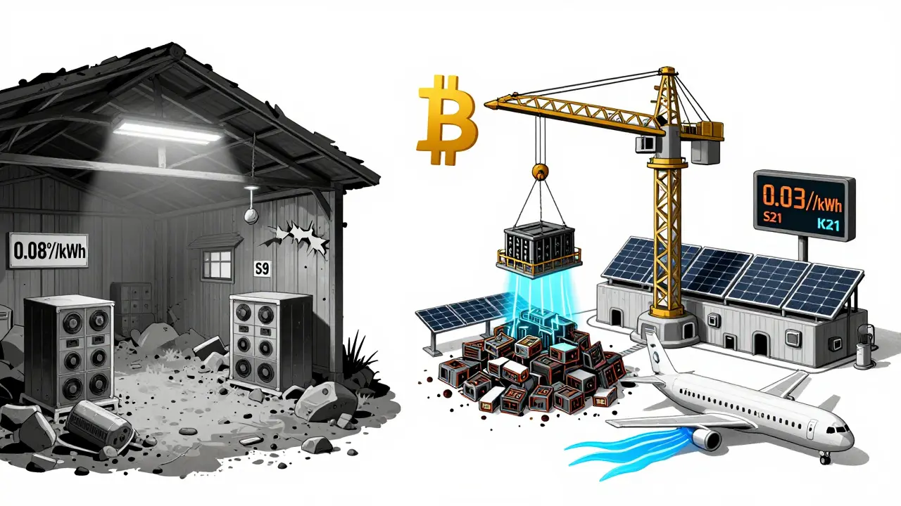 Contraste entre une ferme de minage délabrée et une installation industrielle moderne, avec des turbines et des panneaux solaires.