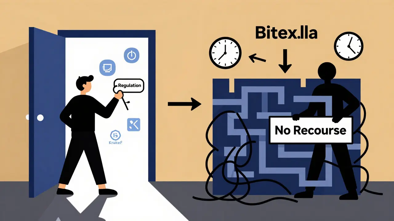 Deux figures : l'une dans un monde régulé, l'autre piégée dans un labyrinthe Bitex.la en style géométrique.
