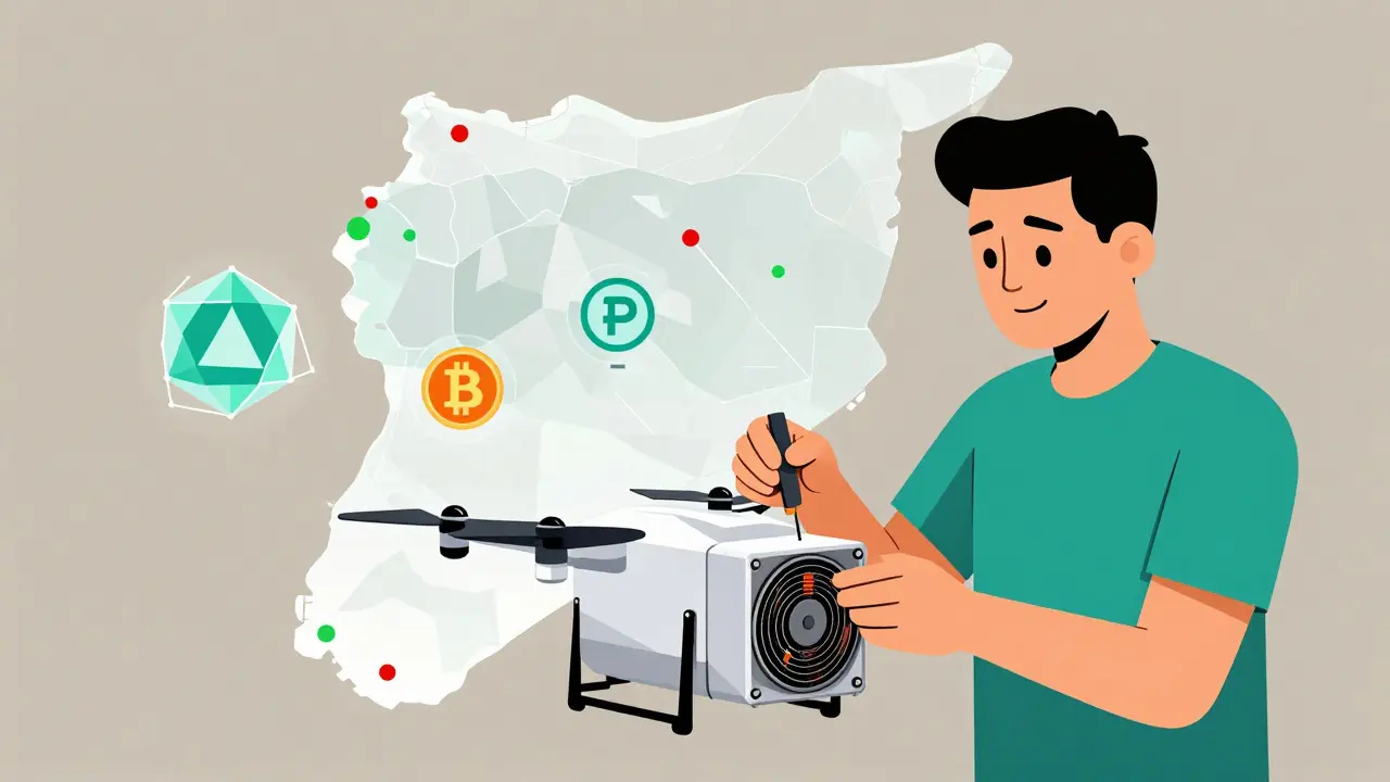 Développeur syrien assemblant un miner Bitcoin avec des composants livrés, entouré d'icônes de blockchain en style Bauhaus.