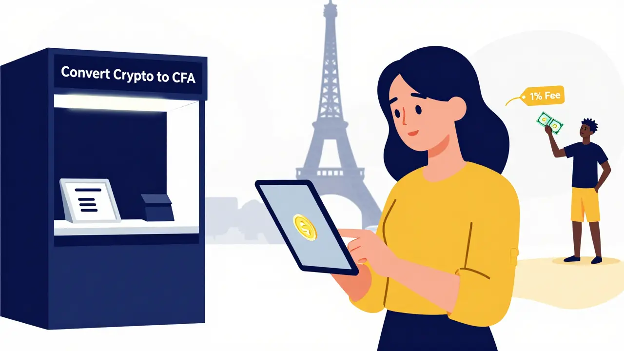 Femme à Paris envoie des stablecoins au Sénégal, un kiosque de conversion affiche un frais de 1 %.