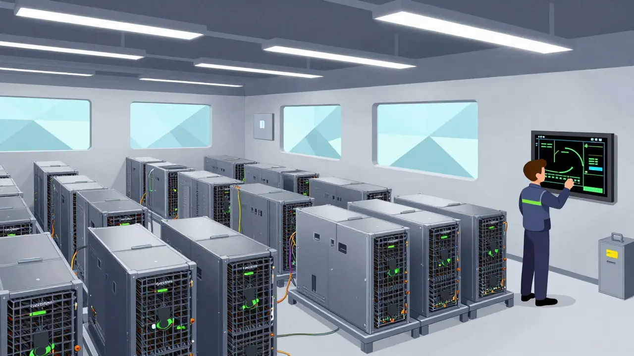 Ferme de minage avec des ASIC alignés en grille parfaite, sous lumières industrielles, style Bauhaus.