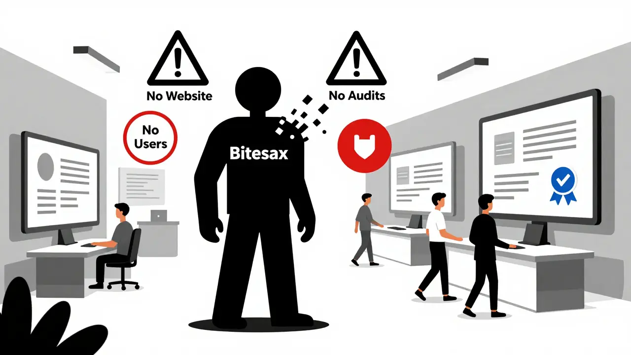 Figure sans visage de Bitesax qui se dissout, entourée de signaux d'avertissement géométriques.