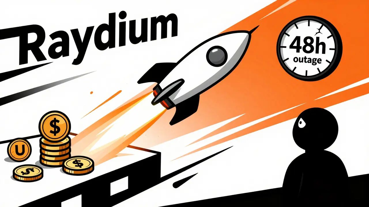 Fusée Raydium sur Solana avec des jetons en traînée, sous un horloge cassée en style Bauhaus.