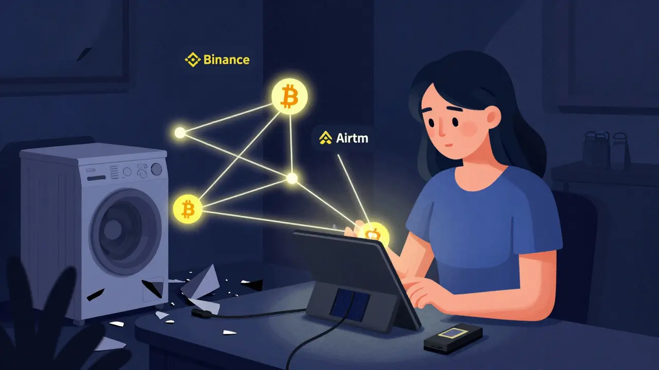 Jeune femme utilisant un tablette solaire pour convertir des bitcoins en USDT pendant une coupure d'électricité.