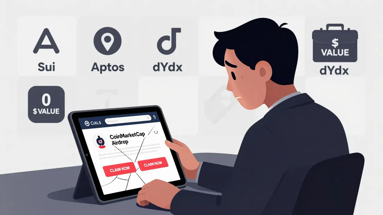 Joueur face à une fausse page d'airdrop CoinMarketCap, avec des vrais projets en arrière-plan stables.