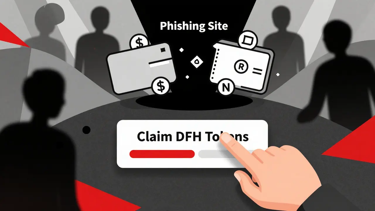 Main cliquant sur un bouton trompeur qui draine des actifs numériques vers un trou noir, style géométrique et sombre.