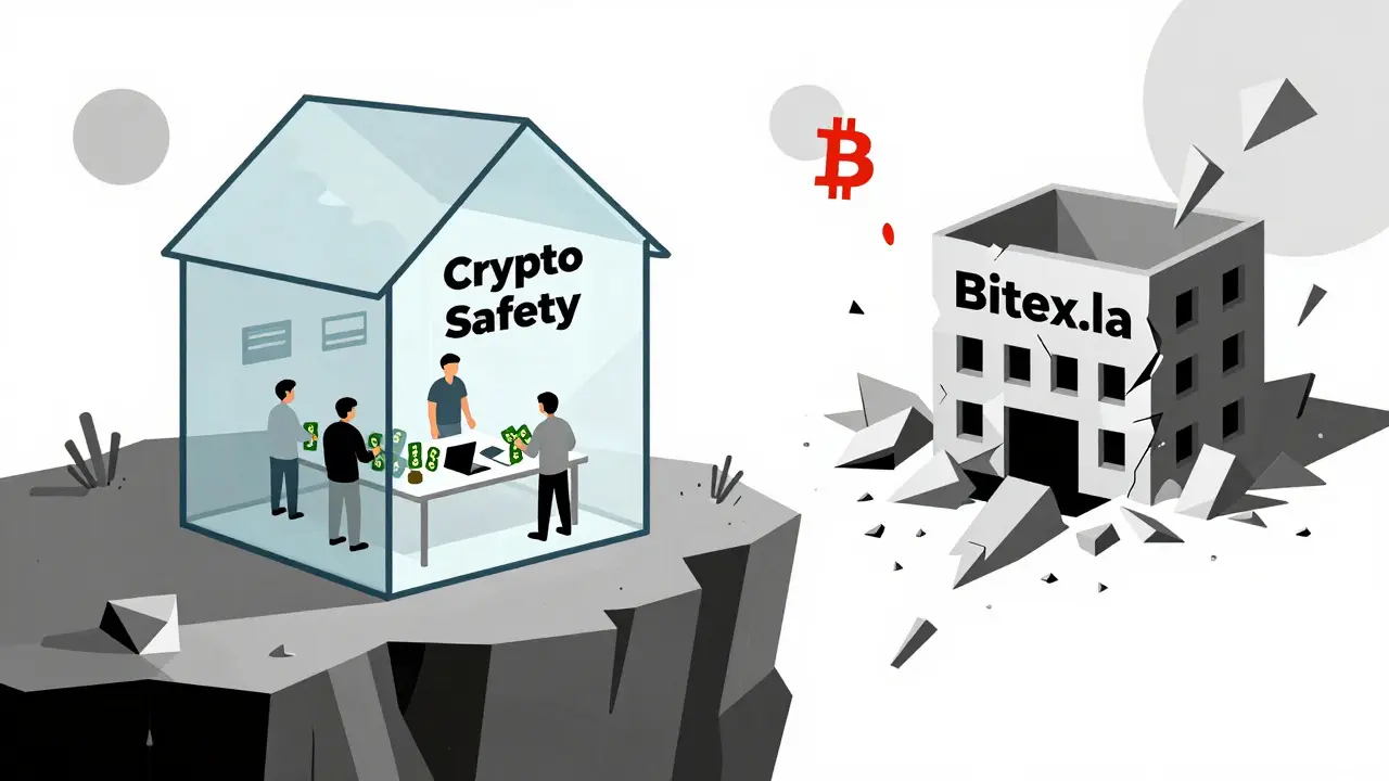 Maison de sécurité crypto face à un bâtiment en ruine Bitex.la en déclin, style Bauhaus abstrait.