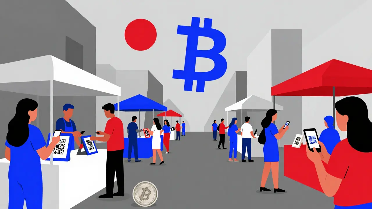 Marché de Caracas où les commerçants acceptent des paiements USDT via QR code, symbole numérique au-dessus.