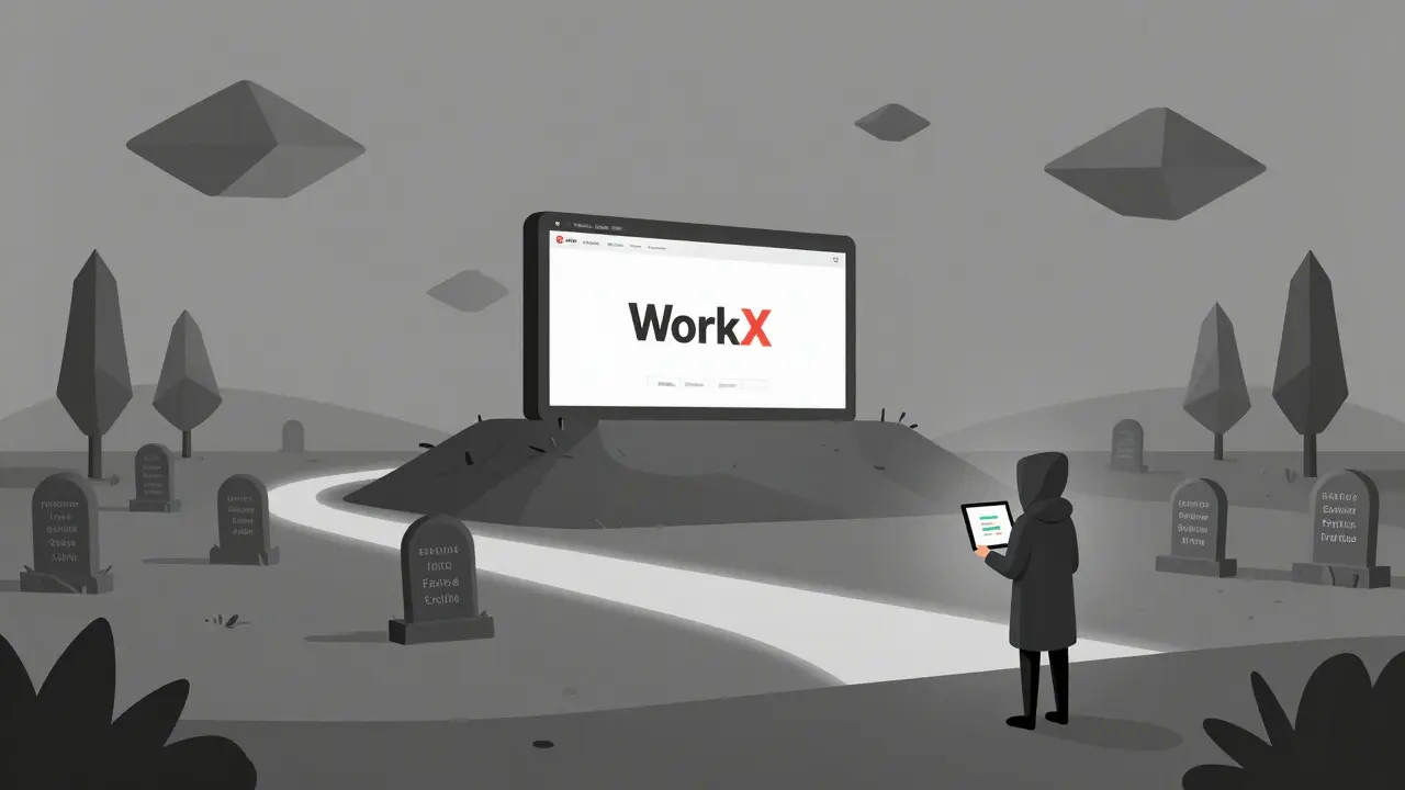 Paysage numérique désolé avec un site Web abandonné 'WorkX' et des pierres tombales de tokens morts, style Bauhaus.