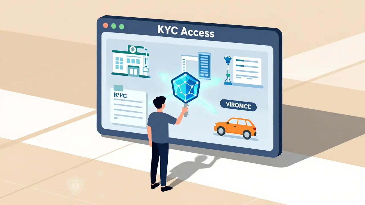 Personne ouvrant un portail d'accès KYC, avec des scènes de services utilisant ses données vérifiées derrière elle.