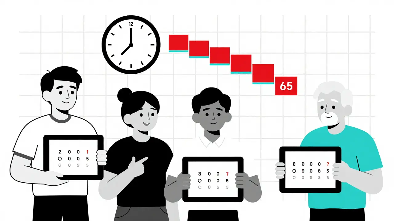 Personnes regardant des tablettes où les points Alpha diminuent en chiffres géométriques.