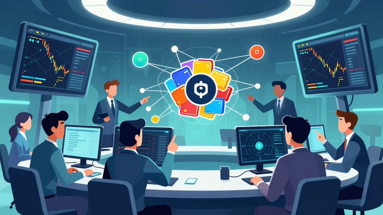 Salle de contrôle financière avec cartes de transactions en temps réel et réseaux d'IA.
