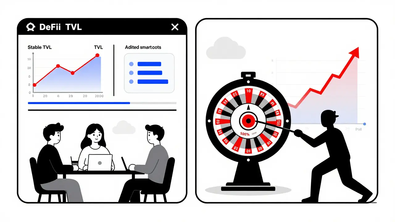 Tableau DeFi comparant gouvernance décentralisée et rug pull avec graphiques géométriques