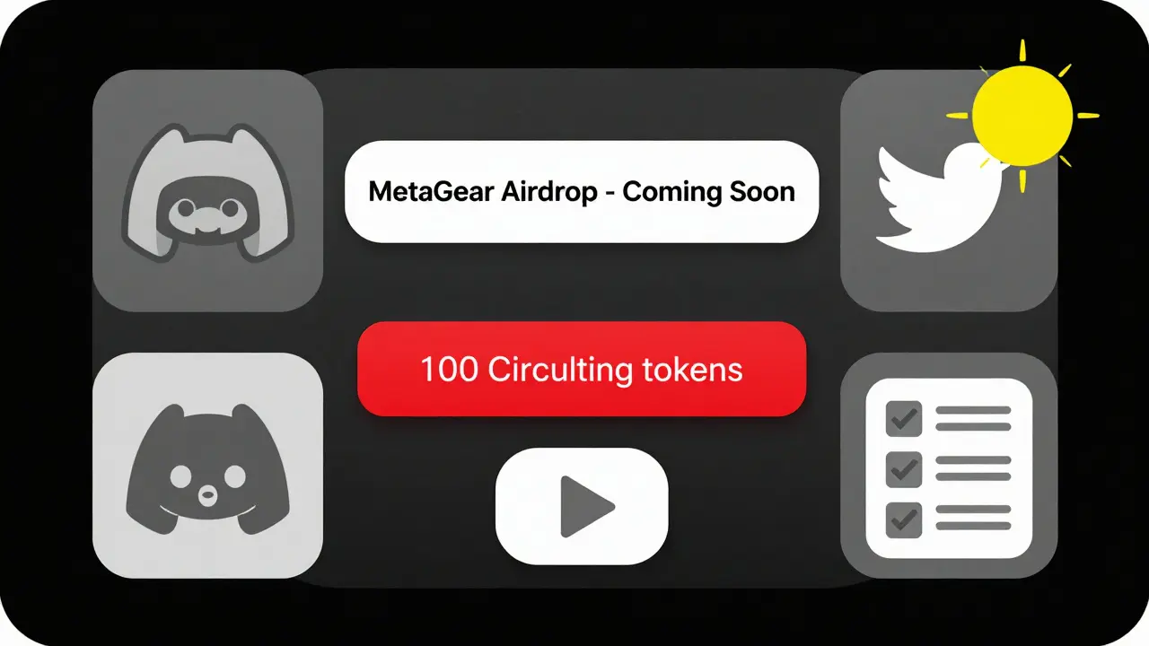 Tableau numérique minimaliste affichant zéro jeton GEAR en circulation, avec des icônes de réseaux sociaux et une notification jaune.
