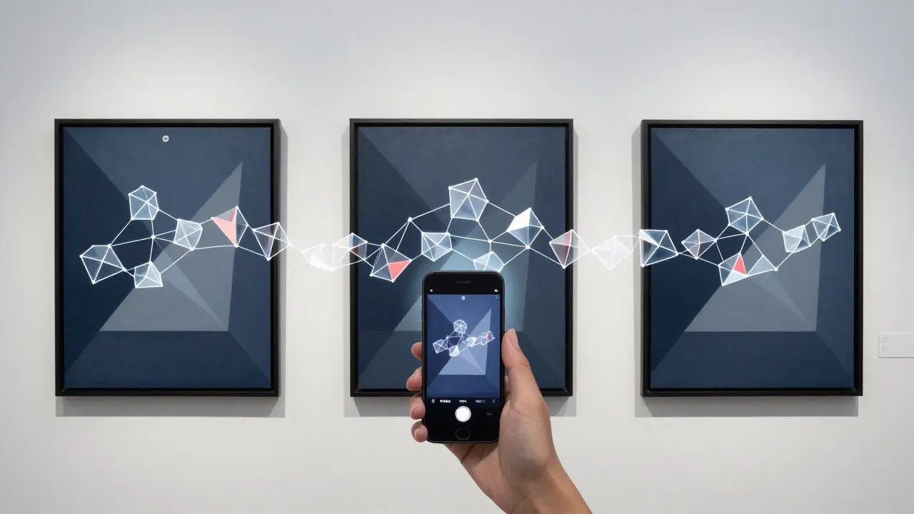 Trois peintures physiques avec des puces NFC, un téléphone scanne l'une pour révéler une trajectoire blockchain en trois dimensions.