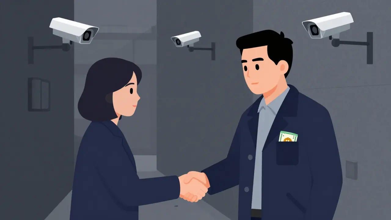 Un échange clandestin de Bitcoin contre espèces dans une ruelle, sous l'œil de drones géométriques.