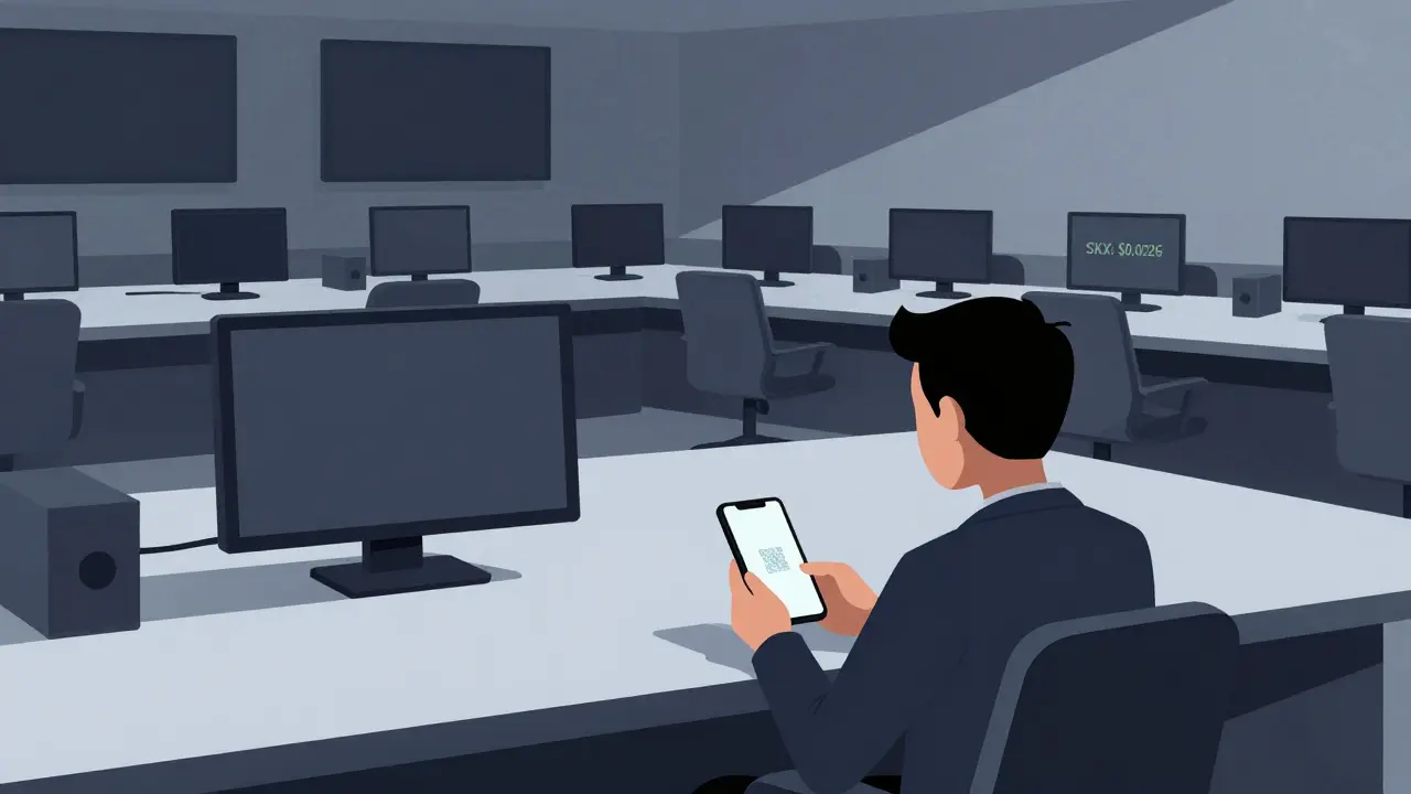 Un investisseur seul face à un écran vide de cryptomonnaie abandonnée.