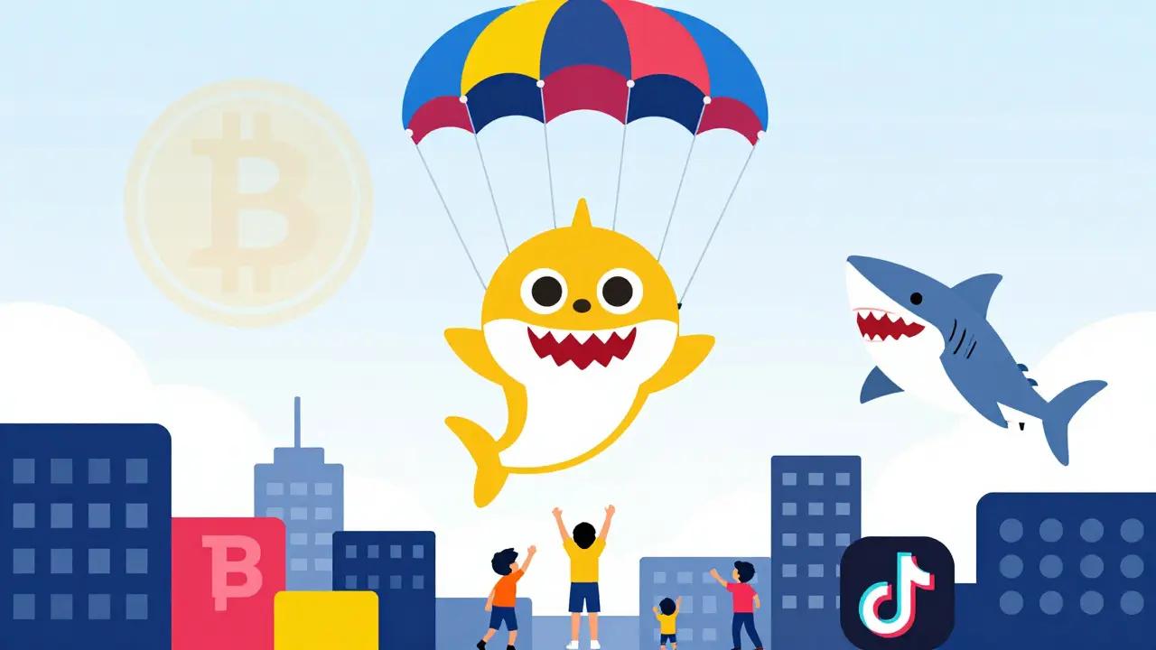 Un jeton requin qui tombe du ciel sur une ville faite de symboles crypto et de memes.