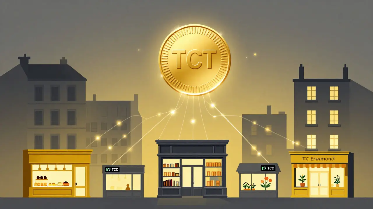 Un jeton TCT lumineux connecte des commerces parisiens dans un réseau de commerce décentralisé.