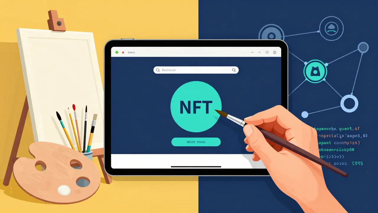 Une main tenant un pinceau à côté d'une tablette affichant l'interface de création d'un NFT, fond divisé entre art traditionnel et blockchain.
