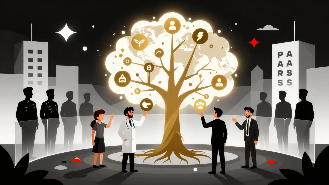 Utilisateurs syriens connectés à un arbre blockchain, avec des figures du régime bloquées par une barrière PAARSS en style géométrique.