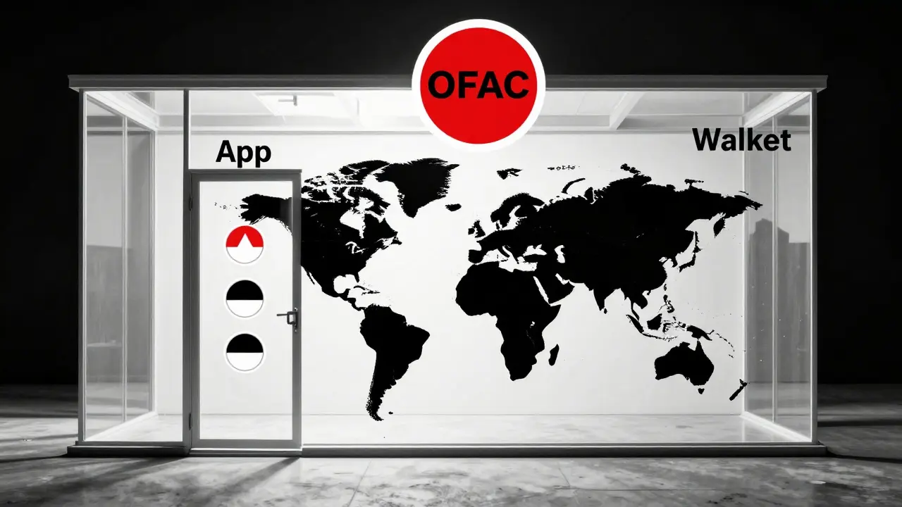 Bâtiment Coinbase avec deux portes : l'une limitée à quelques pays, l'autre ouverte au monde entier sauf les zones sanctionnées, en style Bauhaus.