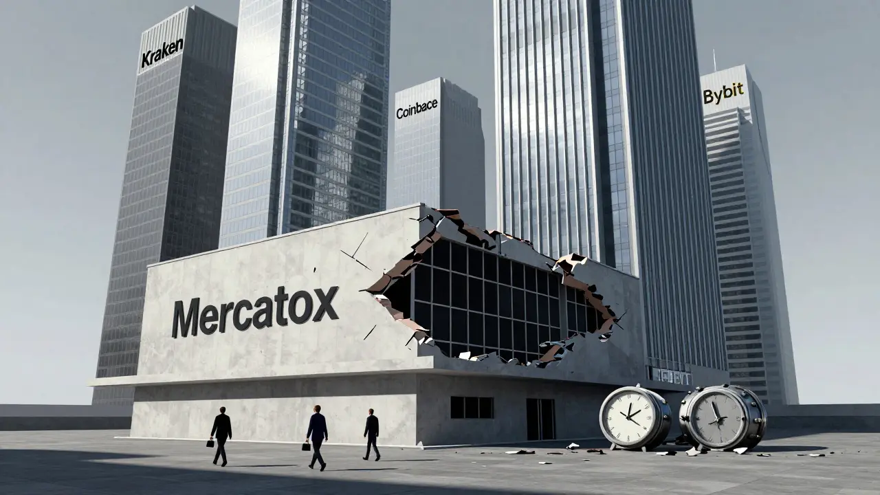 Bâtiment Mercatox en ruine à côté de concurrents solides, avec des utilisateurs partant et des coffres vides au sol.