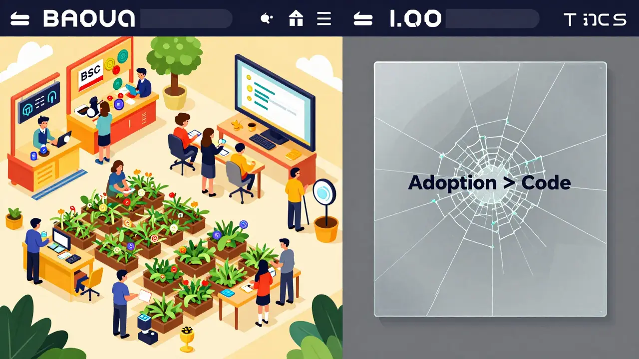 Comparaison géométrique : écosystème DeFi actif à gauche, désert vide à droite.