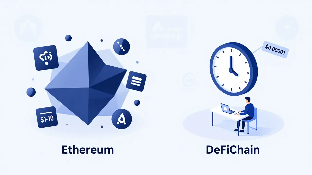 Comparaison visuelle entre DeFiChain (simple et rapide) et Ethereum (complexe et coûteux), en style Bauhaus.