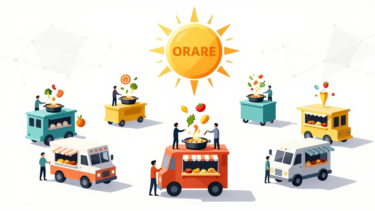 Compétition Food Truck Wars avec des chariots géométriques et un jeton ORARE central.