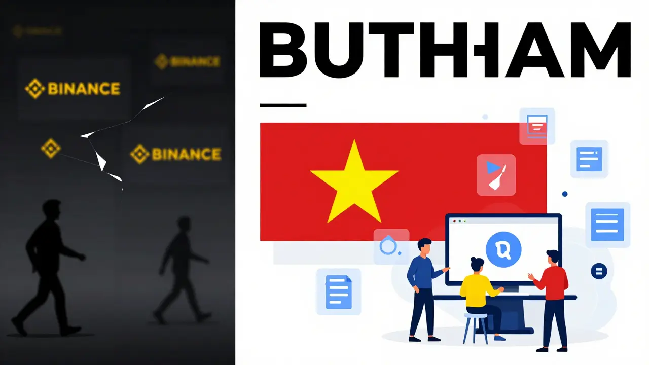 Contraste entre marché illégal sombre et écosystème crypto ordonné sous surveillance, en formes Bauhaus minimalistes.