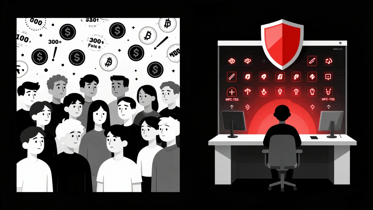 Contraste entre traders débutants désorientés et trader expert dans un espace minimaliste sécurisé.