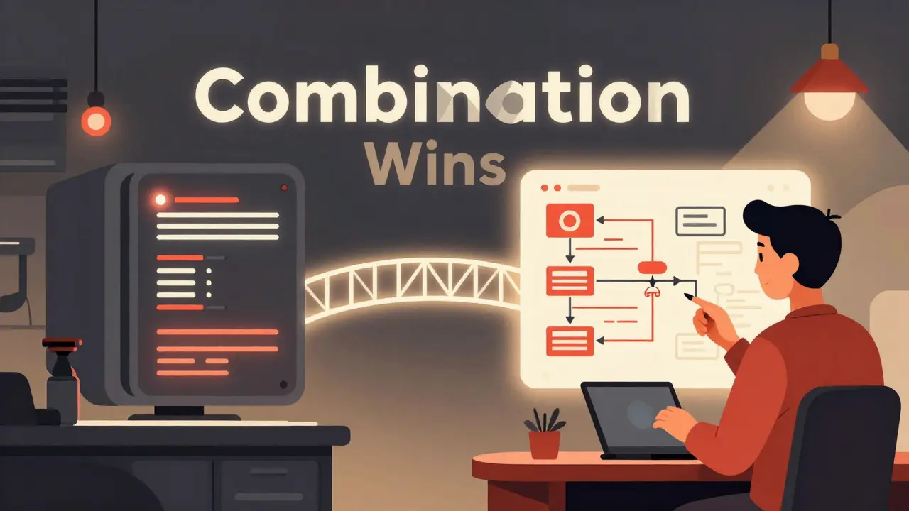 Flux hybride de sécurité blockchain : automatisation et expertise humaine connectées, style Bauhaus.