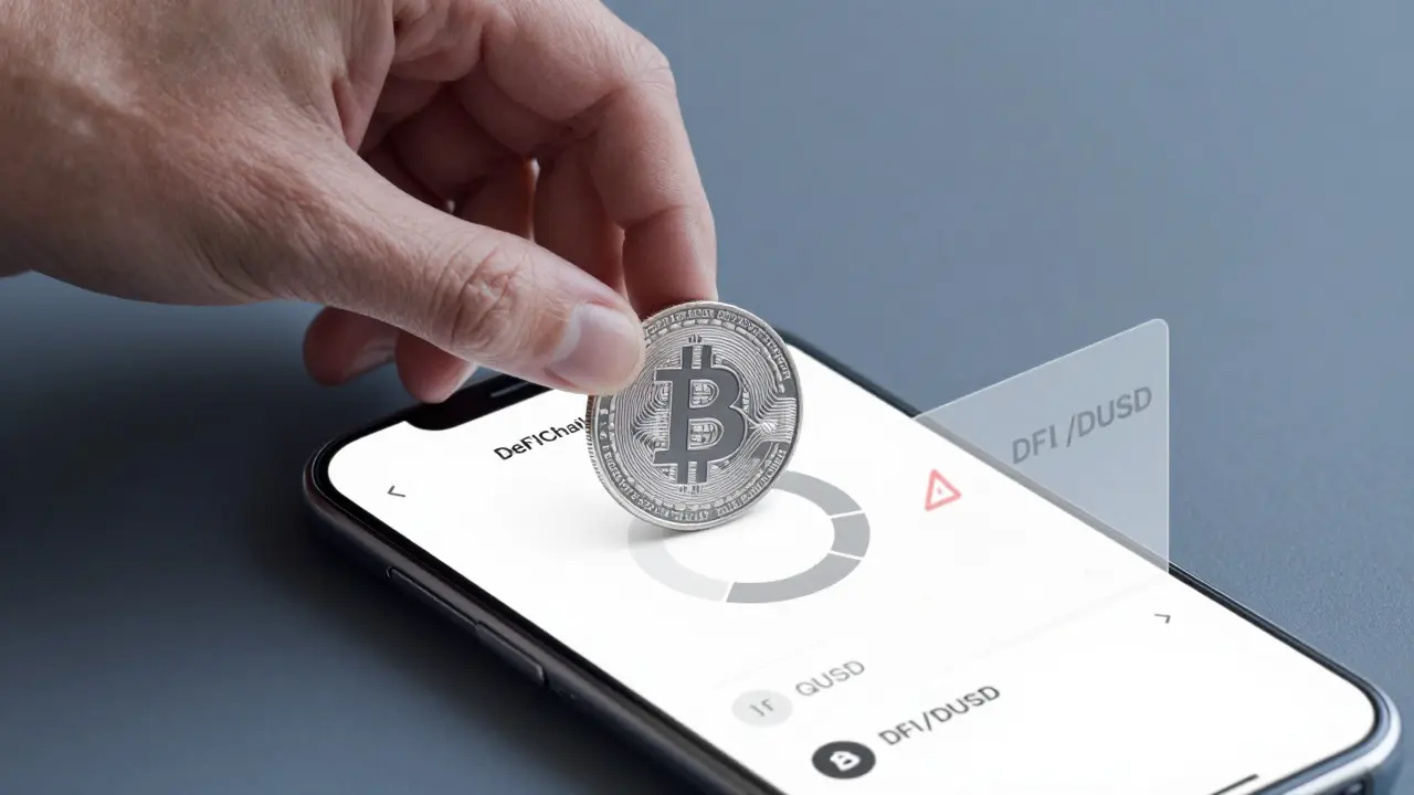 Main déposant un Bitcoin dans un portefeuille DeFiChain, avec interface minimaliste en style Bauhaus.