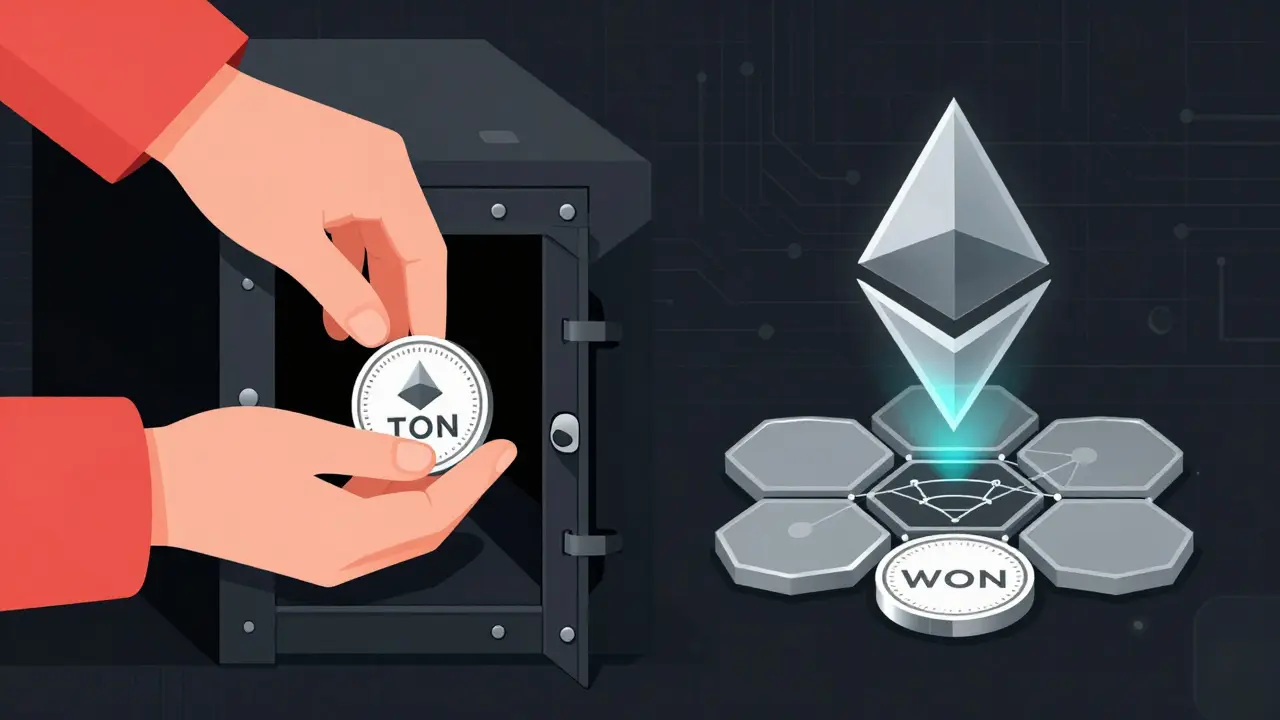 Main déposant un TON Crystal dans un coffre, tandis qu'un WTON apparaît sur un réseau Ethereum géométrique.