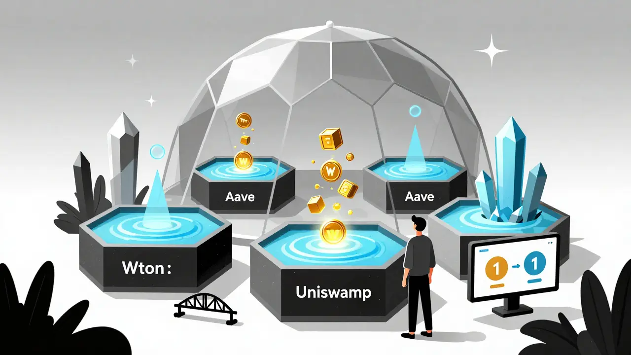 Marché DeFi avec des jetons WTON alimentant des pools de liquidité dans un décor géométrique stylisé.