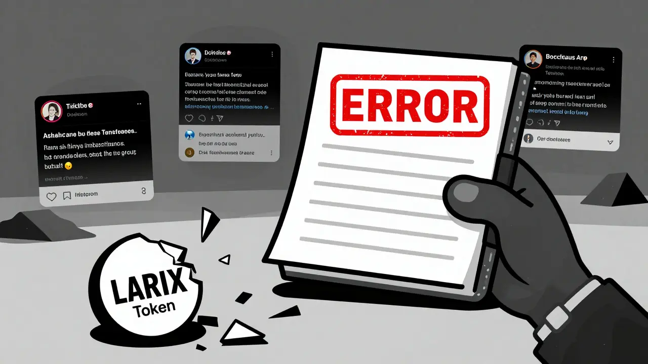 Portefeuille connecté à un registre blockchain vide, avec un jeton LARIX brisé au sol et des fausses publications en arrière-plan.