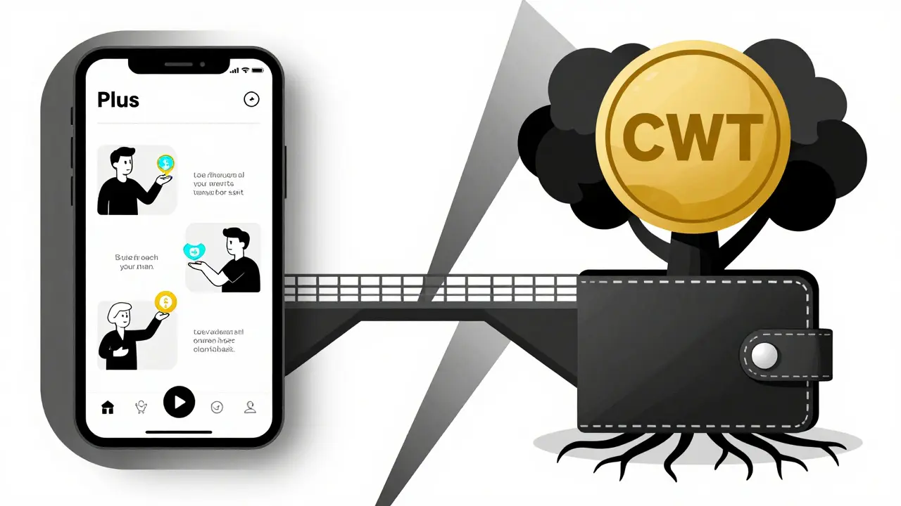 Portefeuille Plus Wallet avec un jeton CWT en croissance, relié à des récompenses par des flèches.