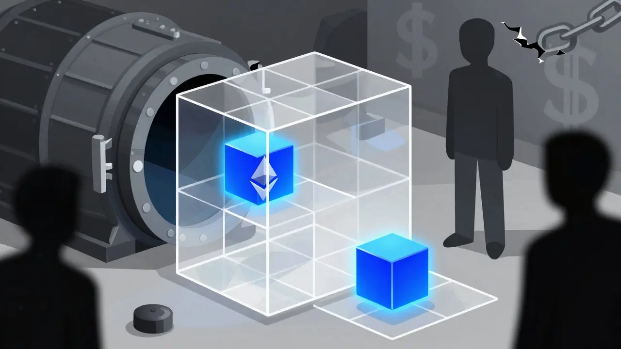 Représentation abstraite du masquage ETH sur la blockchain, avec des flux invisibles entre deux réseaux.