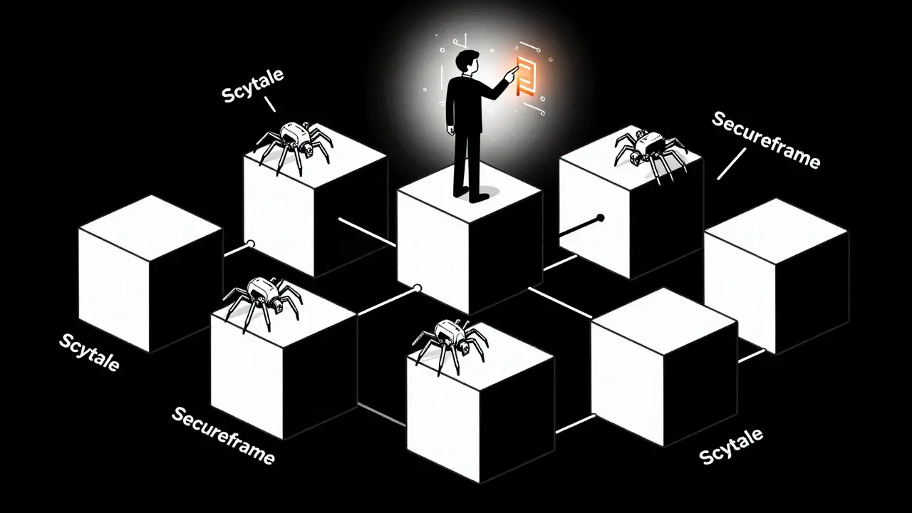 Réseau blockchain surveillé par des outils mécaniques et un auditeur humain, style Bauhaus.