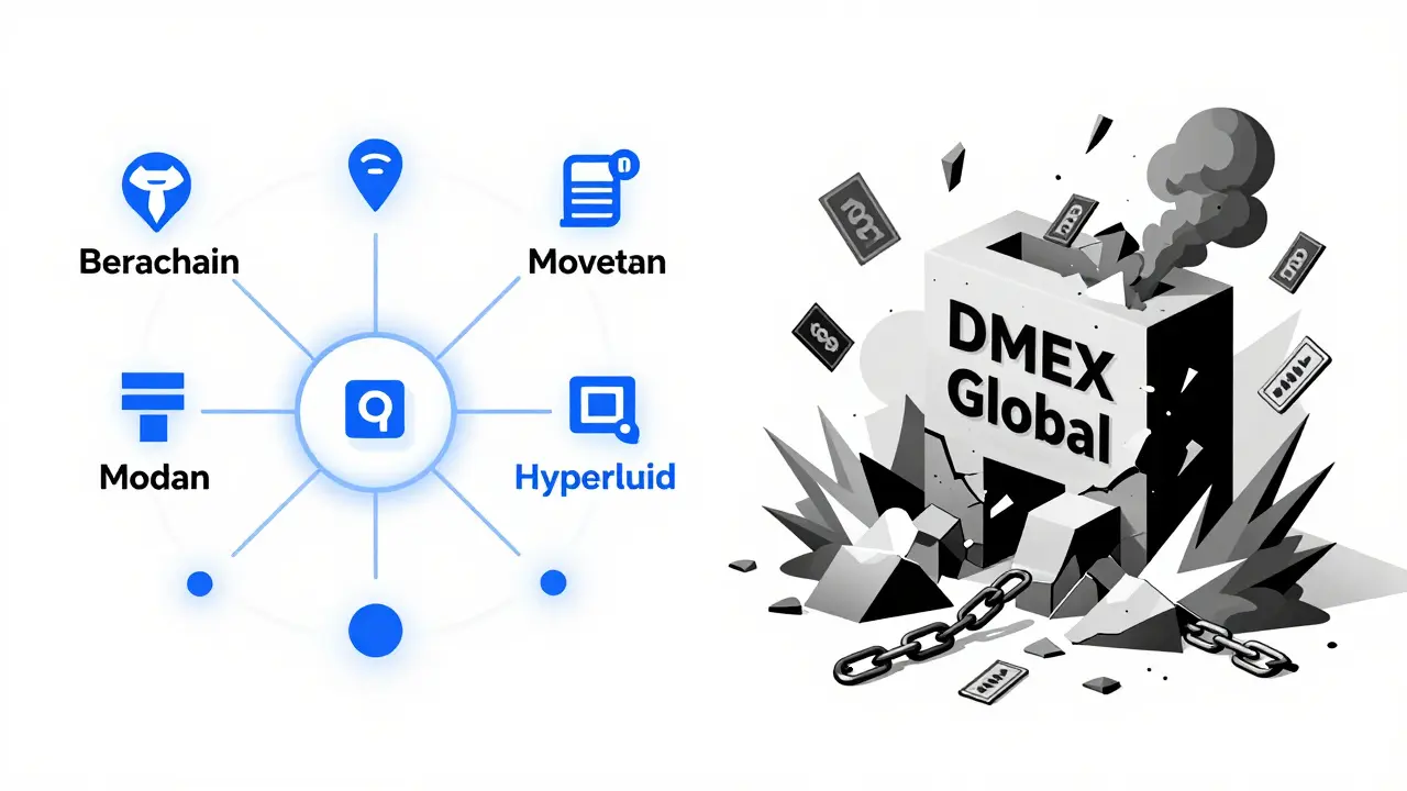 Réseau blockchain vérifié à gauche, structure DMEX Global en ruine à droite, style géométrique Bauhaus.