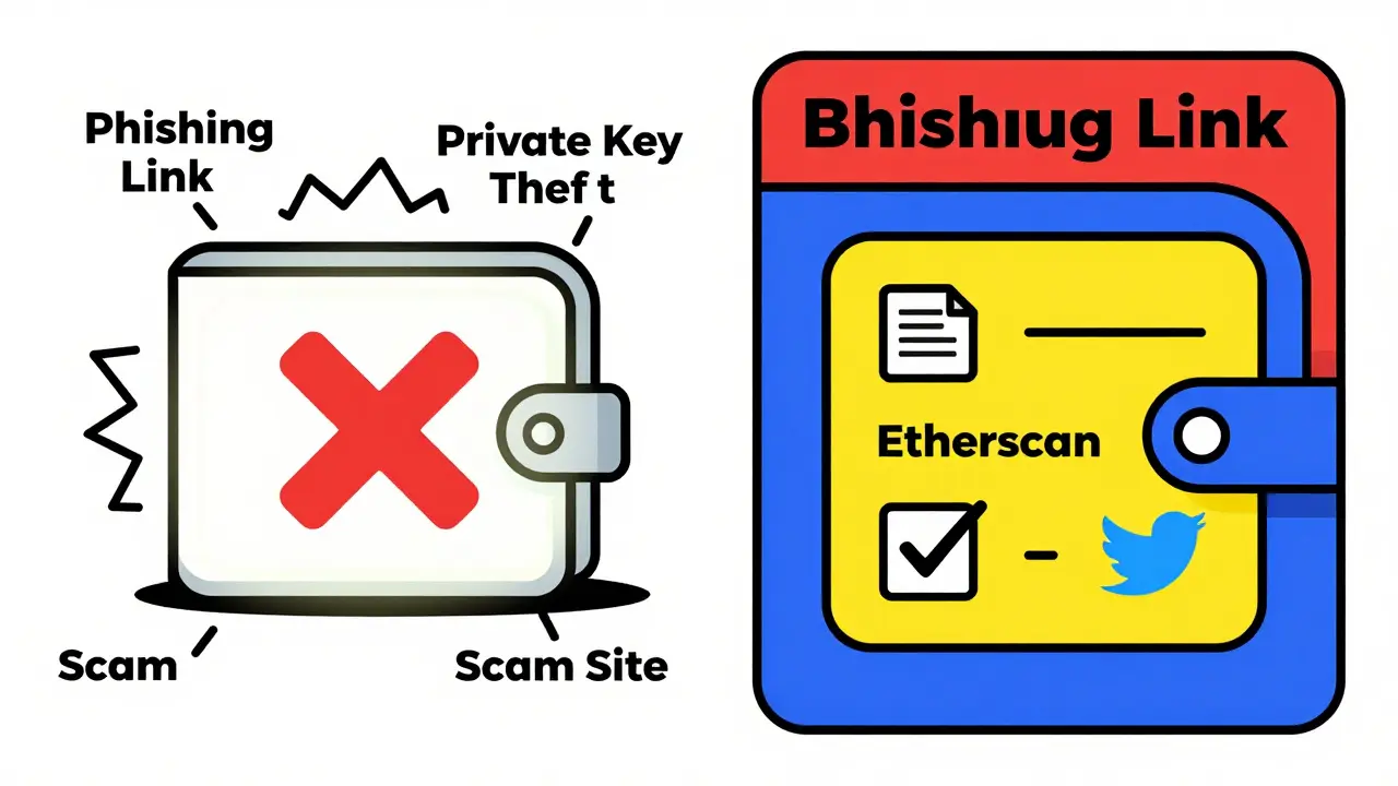 Scène divisée : un portefeuille compromis à gauche, un portefeuille sécurisé à droite, tous deux en formes géométriques nettes.