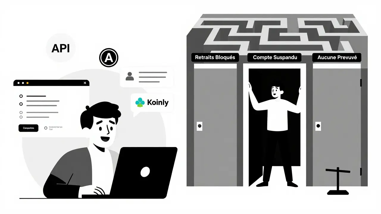 Scène divisée : un trader utilise une plateforme crypto mais est piégé dans un labyrinthe de problèmes de retrait.