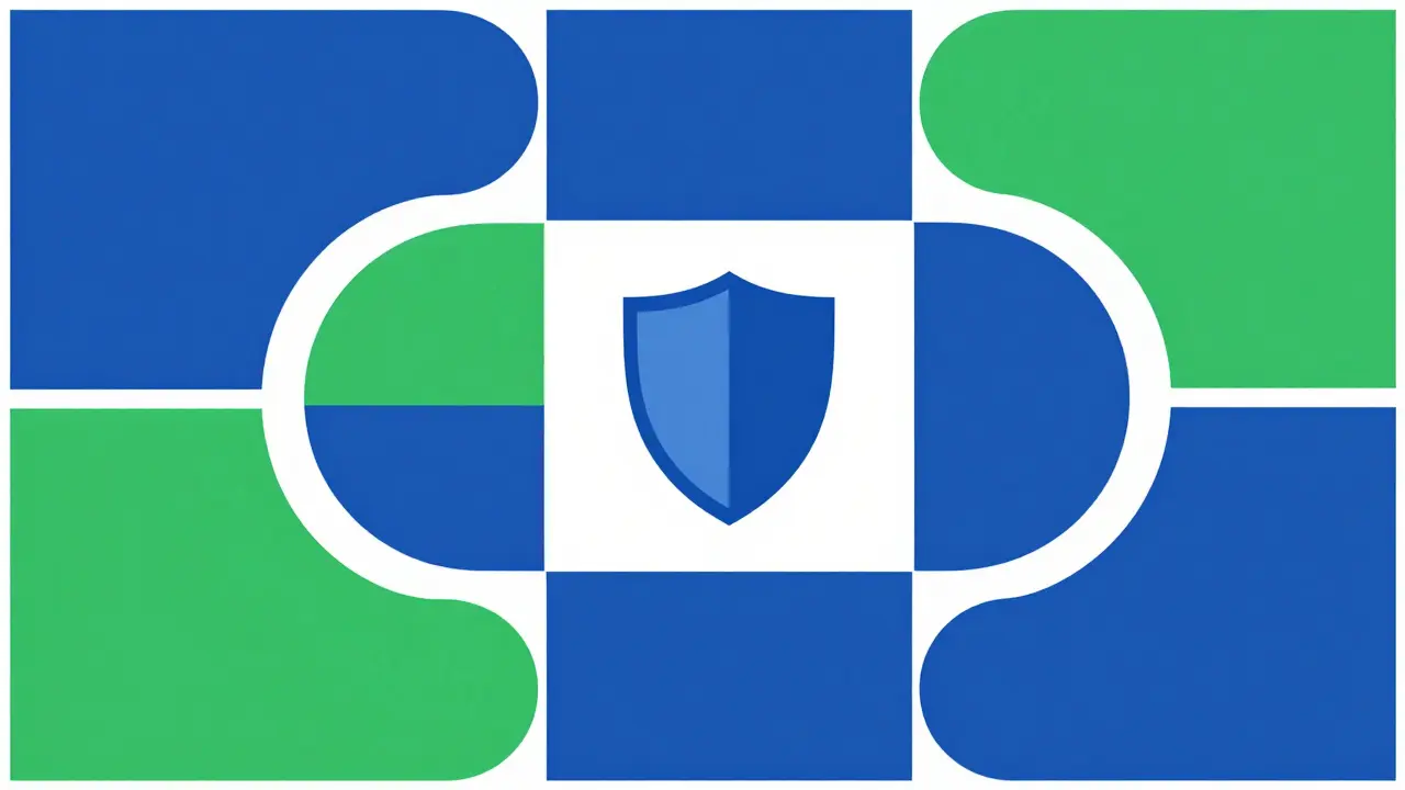 Structure géométrique bleue et verte symbolisant un échange crypto légitime.