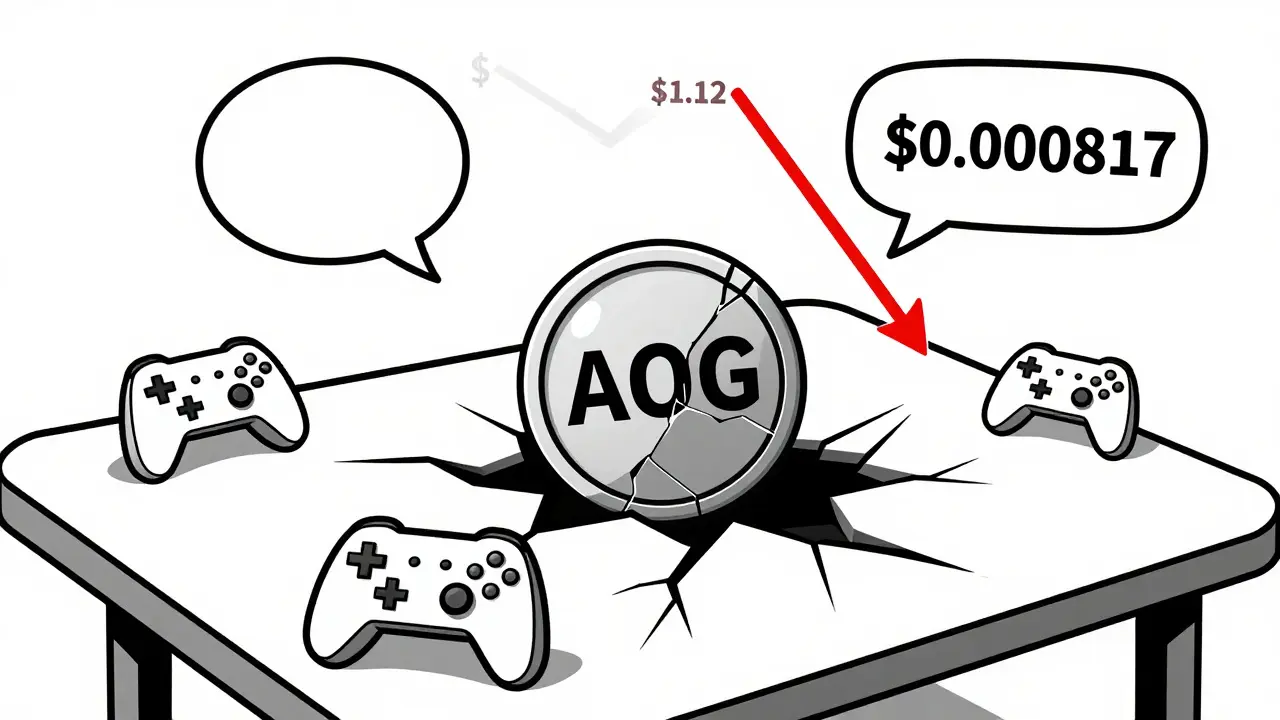 Token AOG brisé avec un graphique en chute et des éléments de jeu inactifs sur une table.