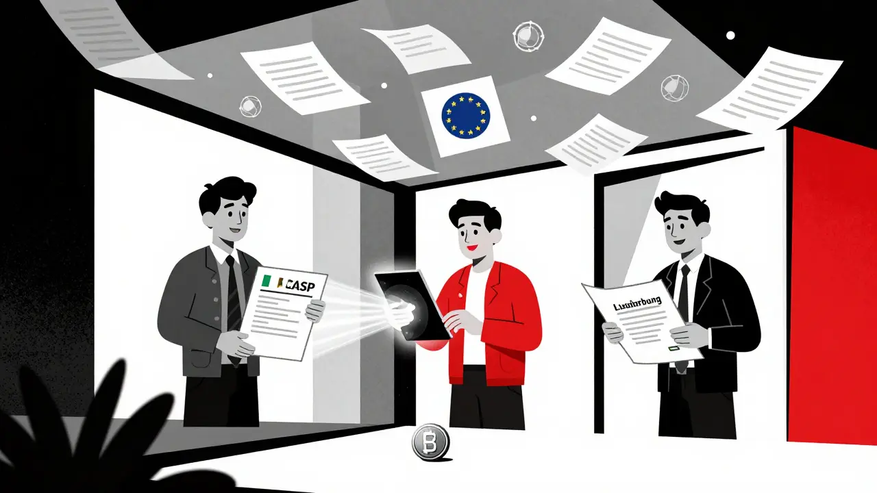 Un bâtiment financier européen avec des équipes qui échangent des licences CASP et vérifient des réserves de stablecoins via des flux de données.